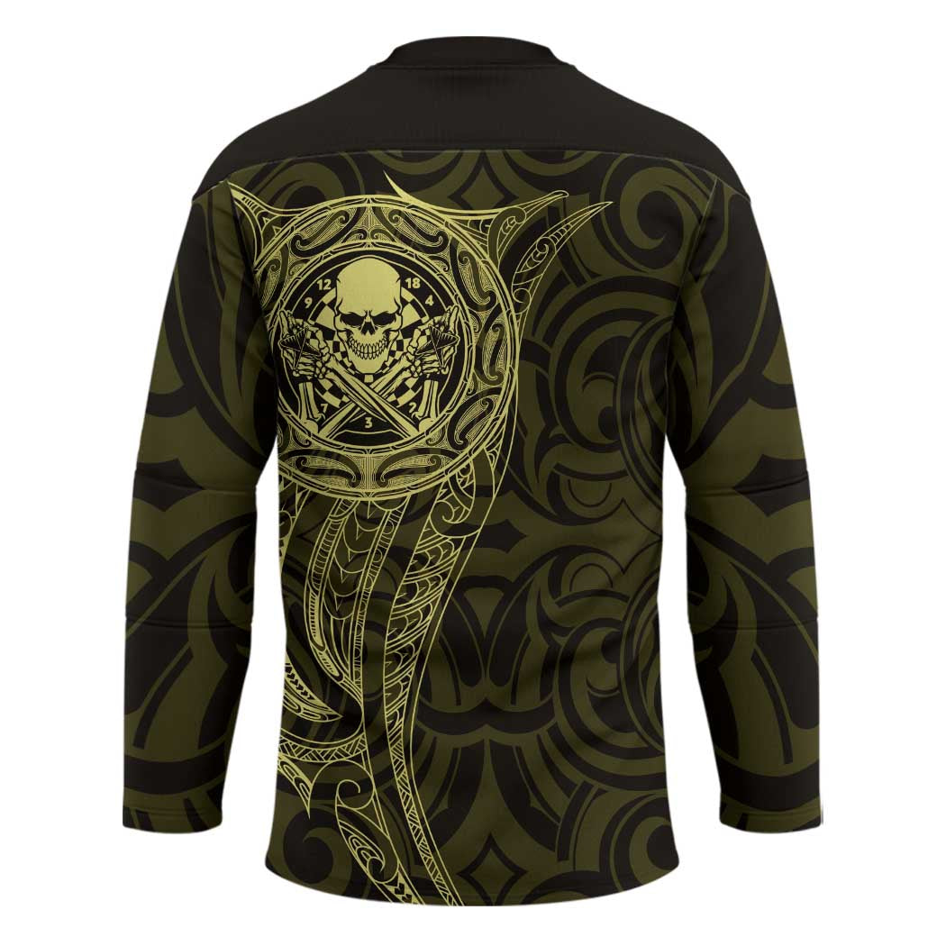 New Zealand Skull Darts Hockey Jersey Aotearoa Maori Chest Tattoo Stylized Gold - Polynesian Pride
