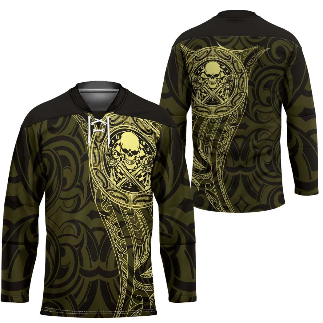 New Zealand Skull Darts Hockey Jersey Aotearoa Maori Chest Tattoo Stylized Gold - Polynesian Pride