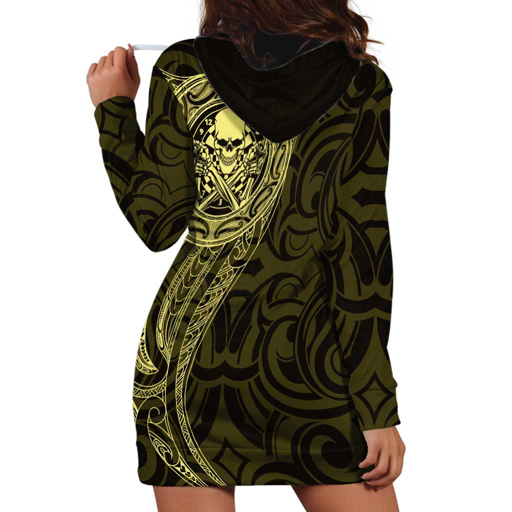 New Zealand Skull Darts Hoodie Dress Aotearoa Maori Chest Tattoo Stylized Gold LT14 - Polynesian Pride