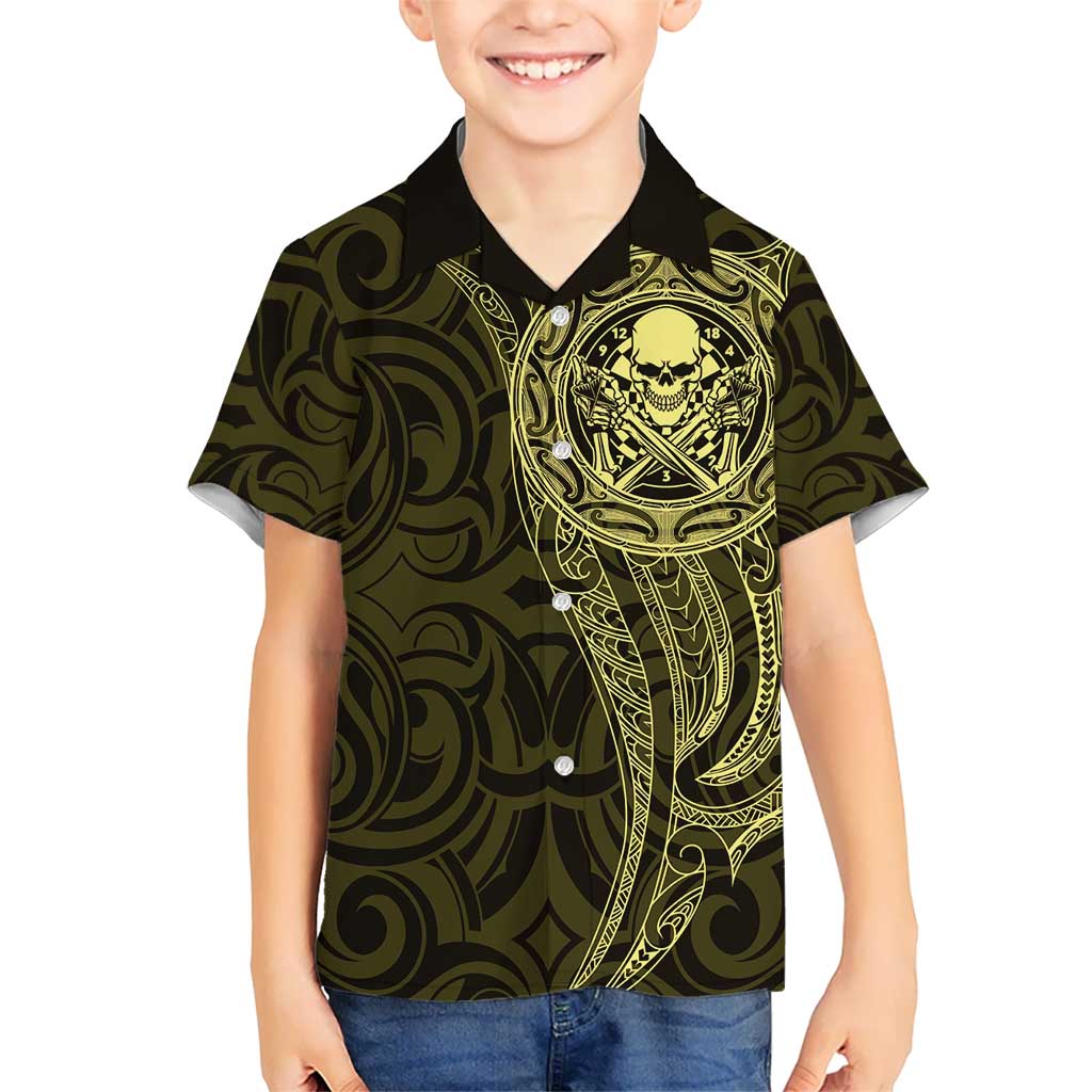 New Zealand Skull Darts Kid Hawaiian Shirt Aotearoa Maori Chest Tattoo Stylized Gold - Polynesian Pride