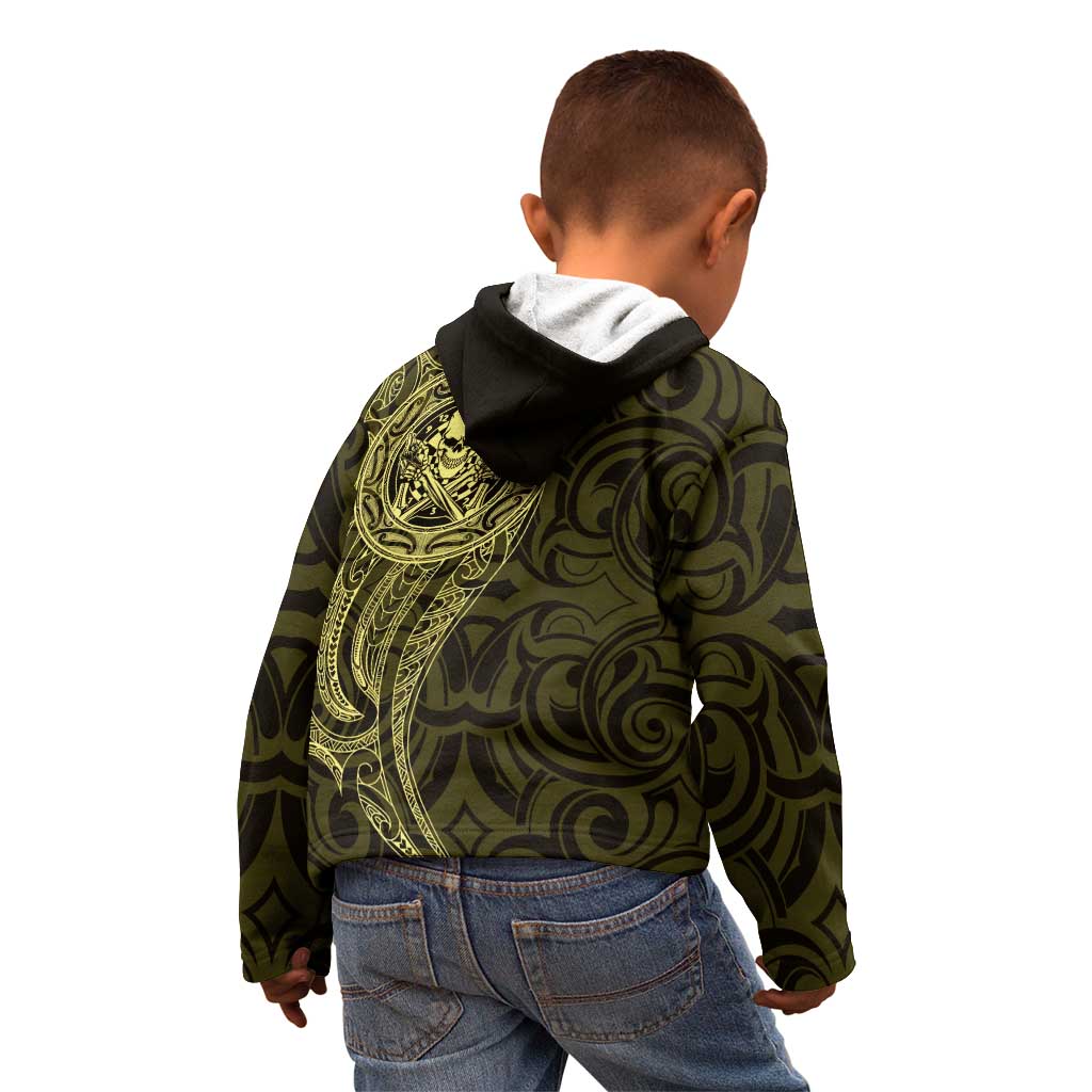 New Zealand Skull Darts Kid Hoodie Aotearoa Maori Chest Tattoo Stylized Gold - Polynesian Pride