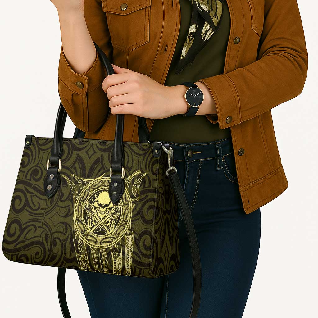 New Zealand Skull Darts Leather Bag Aotearoa Maori Chest Tattoo Stylized Gold - Polynesian Pride