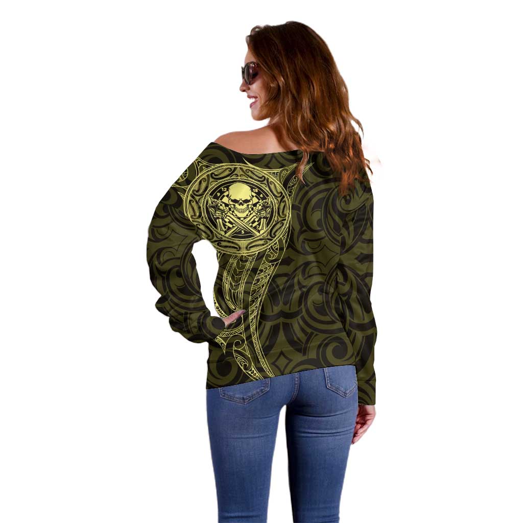 New Zealand Skull Darts Off Shoulder Sweater Aotearoa Maori Chest Tattoo Stylized Gold - Polynesian Pride