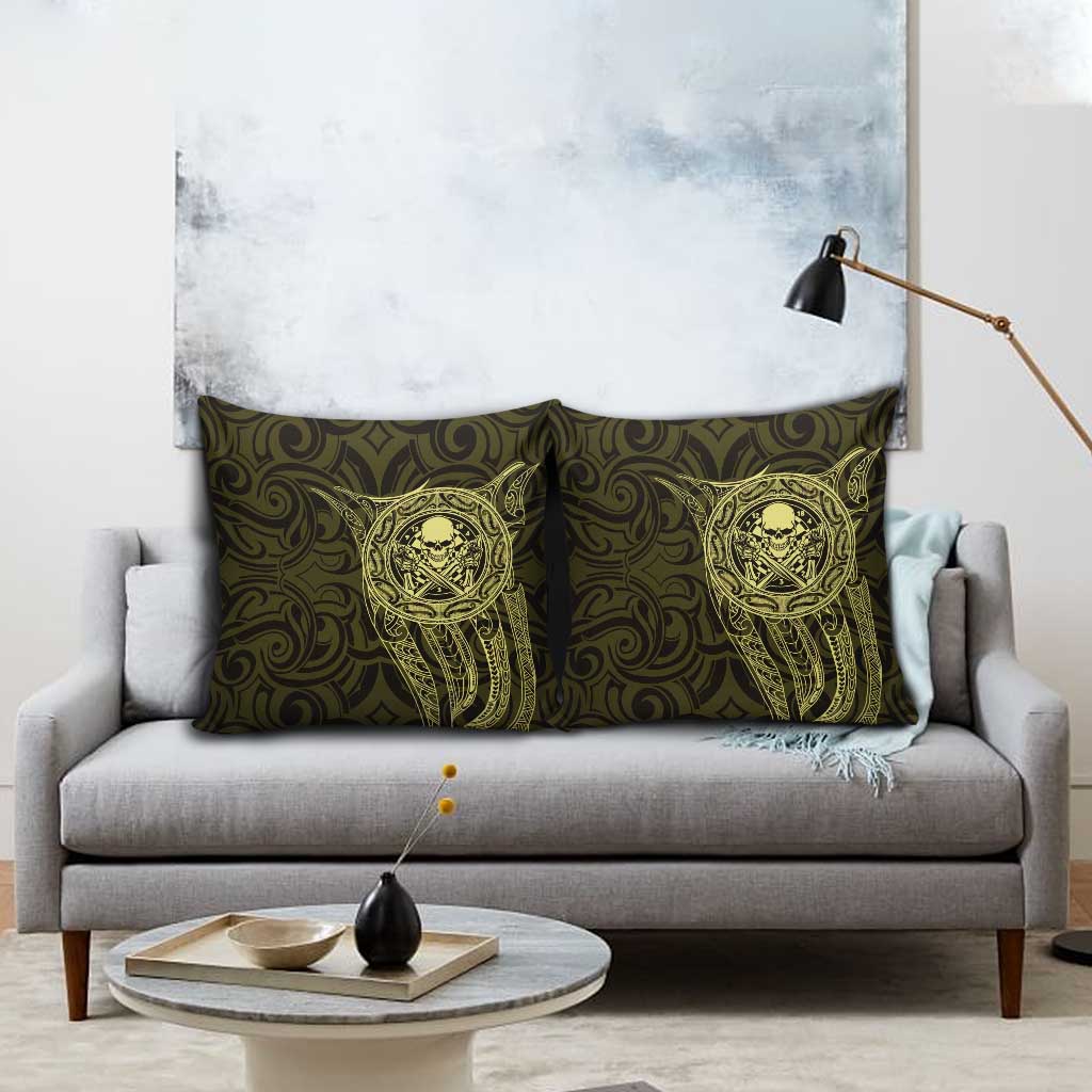 New Zealand Skull Darts Pillow Cover Aotearoa Maori Chest Tattoo Stylized Gold - Polynesian Pride