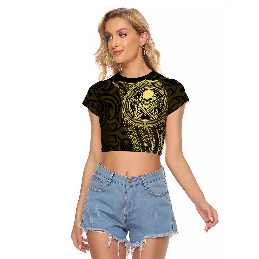 New Zealand Skull Darts Raglan Cropped T Shirt Aotearoa Maori Chest Tattoo Stylized Gold - Polynesian Pride