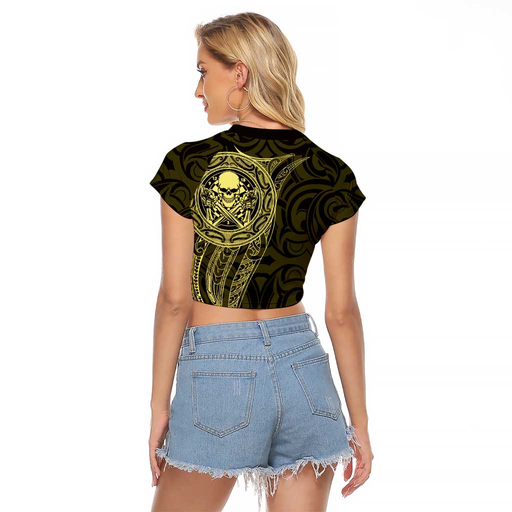 New Zealand Skull Darts Raglan Cropped T Shirt Aotearoa Maori Chest Tattoo Stylized Gold - Polynesian Pride