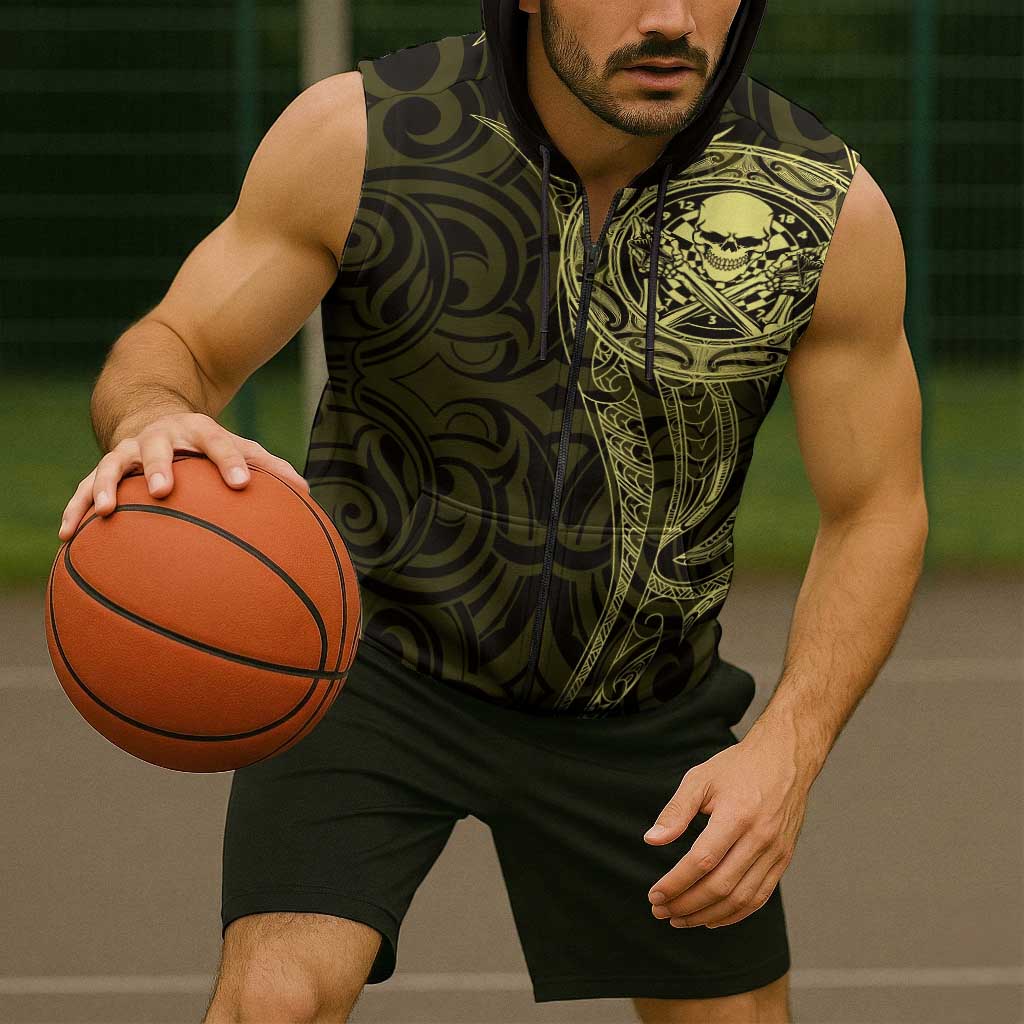 New Zealand Skull Darts Sleeveless Zip Hoodie Aotearoa Maori Chest Tattoo Stylized Gold - Polynesian Pride