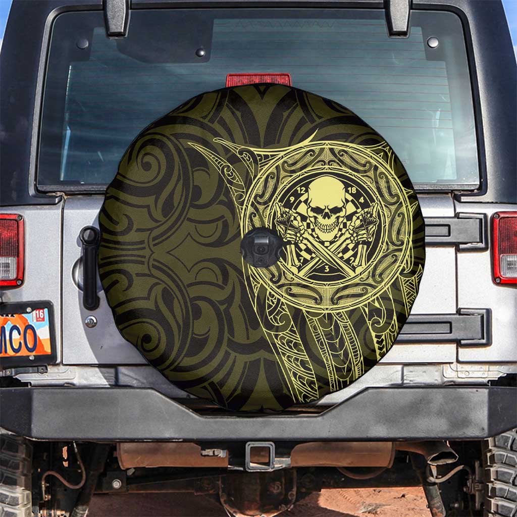 New Zealand Skull Darts Spare Tire Cover Aotearoa Maori Chest Tattoo Stylized Gold - Polynesian Pride