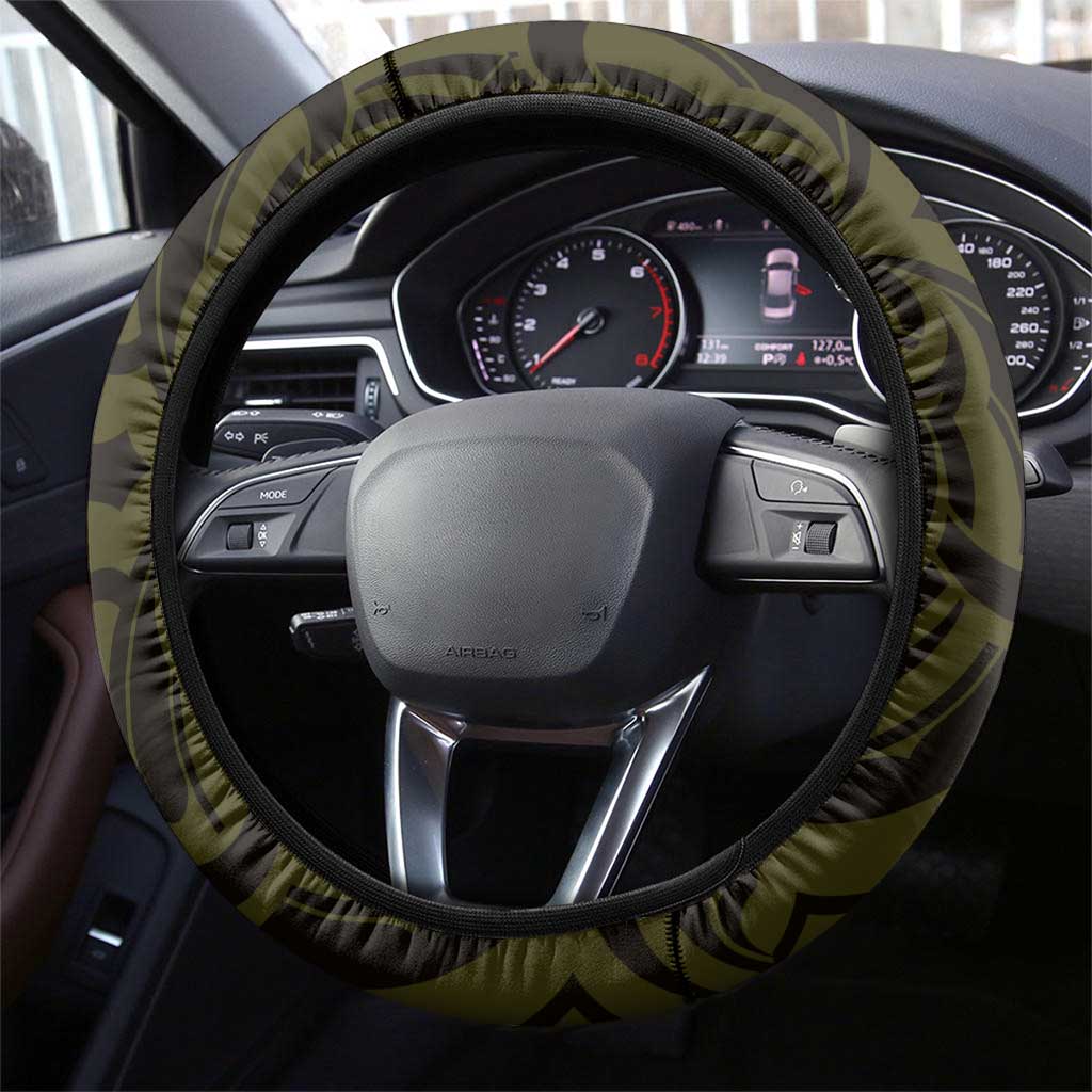 New Zealand Skull Darts Steering Wheel Cover Aotearoa Maori Chest Tattoo Stylized Gold - Polynesian Pride