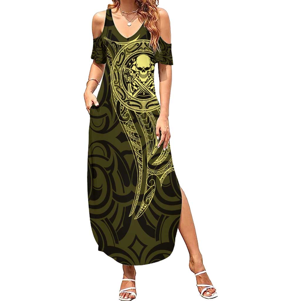 New Zealand Skull Darts Summer Maxi Dress Aotearoa Maori Chest Tattoo Stylized Gold - Polynesian Pride