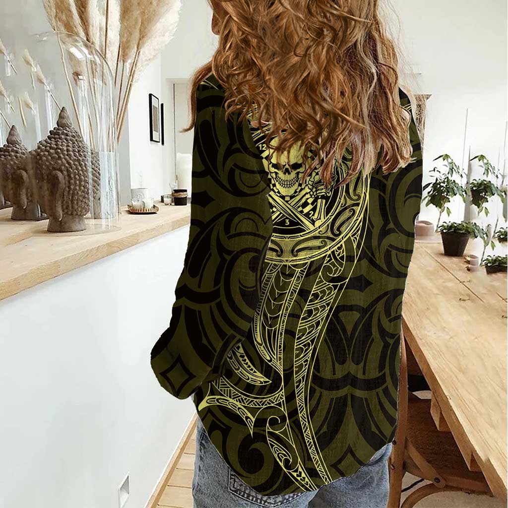 New Zealand Skull Darts Women Casual Shirt Aotearoa Maori Chest Tattoo Stylized Gold LT14 - Polynesian Pride