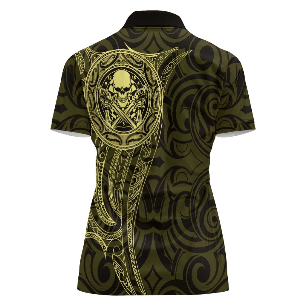 New Zealand Skull Darts Women Polo Shirt Aotearoa Maori Chest Tattoo Stylized Gold LT14 - Polynesian Pride