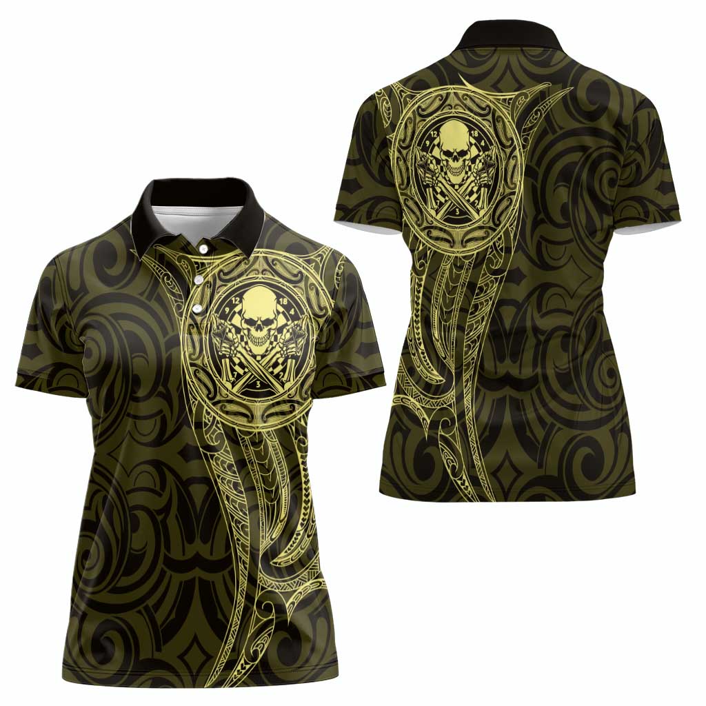 New Zealand Skull Darts Women Polo Shirt Aotearoa Maori Chest Tattoo Stylized Gold LT14 - Polynesian Pride