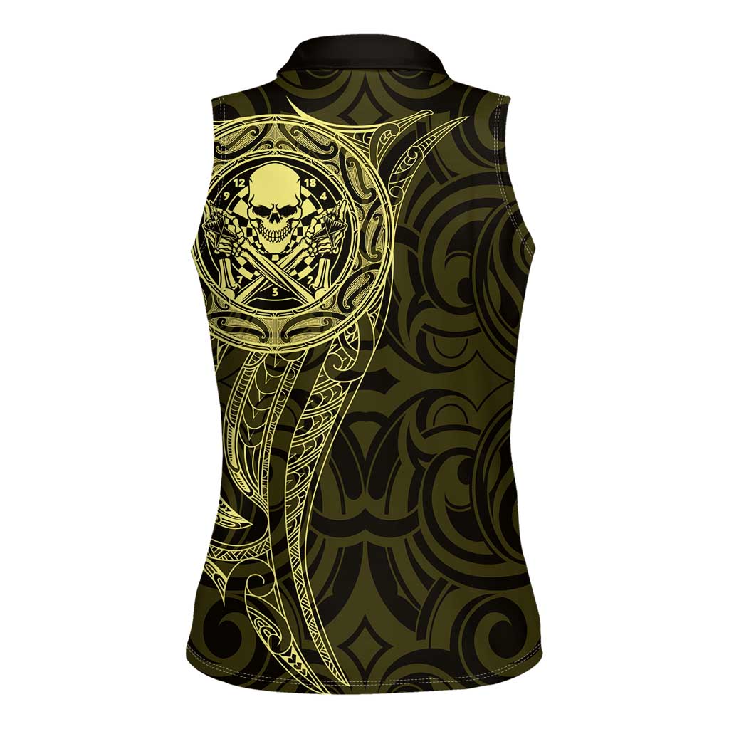 New Zealand Skull Darts Women Sleeveless Polo Shirt Aotearoa Maori Chest Tattoo Stylized Gold LT14 - Polynesian Pride