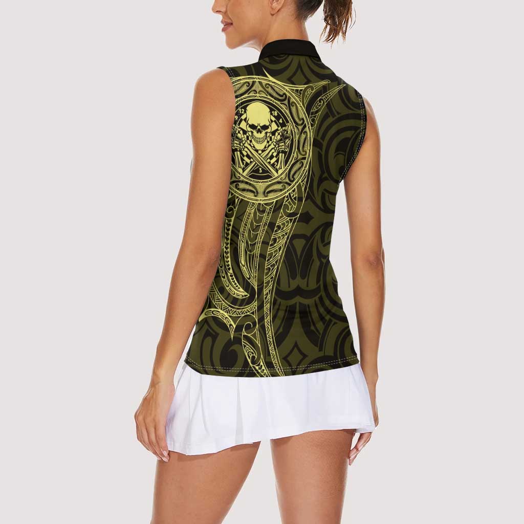 New Zealand Skull Darts Women Sleeveless Polo Shirt Aotearoa Maori Chest Tattoo Stylized Gold LT14 - Polynesian Pride