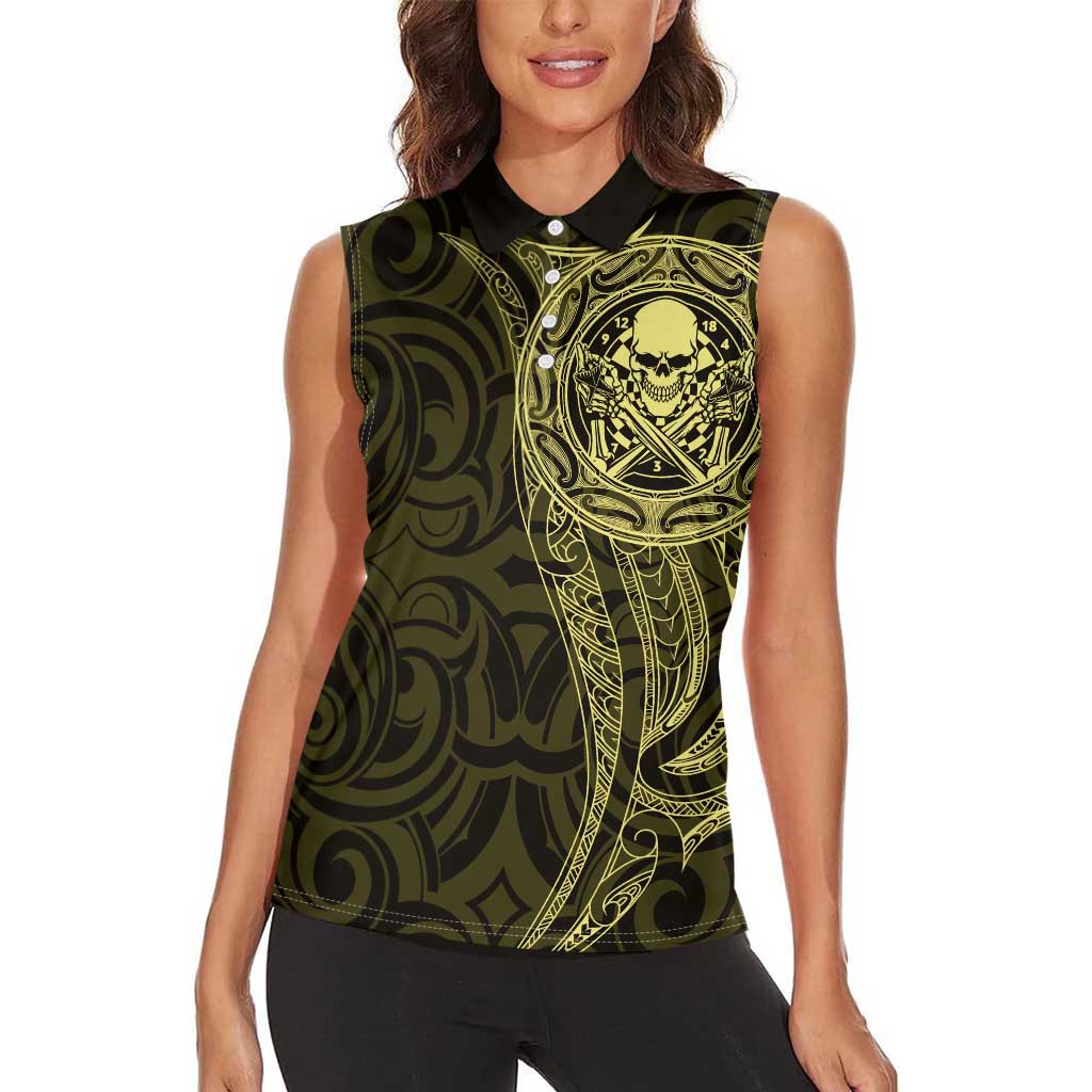 New Zealand Skull Darts Women Sleeveless Polo Shirt Aotearoa Maori Chest Tattoo Stylized Gold LT14 - Polynesian Pride
