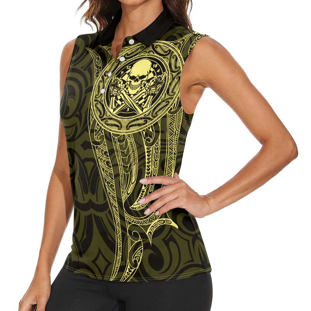 New Zealand Skull Darts Women Sleeveless Polo Shirt Aotearoa Maori Chest Tattoo Stylized Gold LT14 - Polynesian Pride