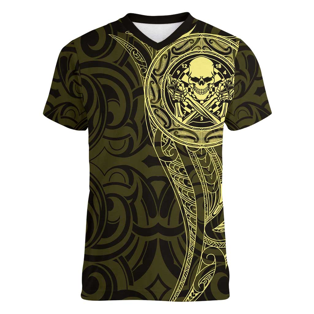New Zealand Skull Darts Women V-Neck T-Shirt Aotearoa Maori Chest Tattoo Stylized Gold - Polynesian Pride