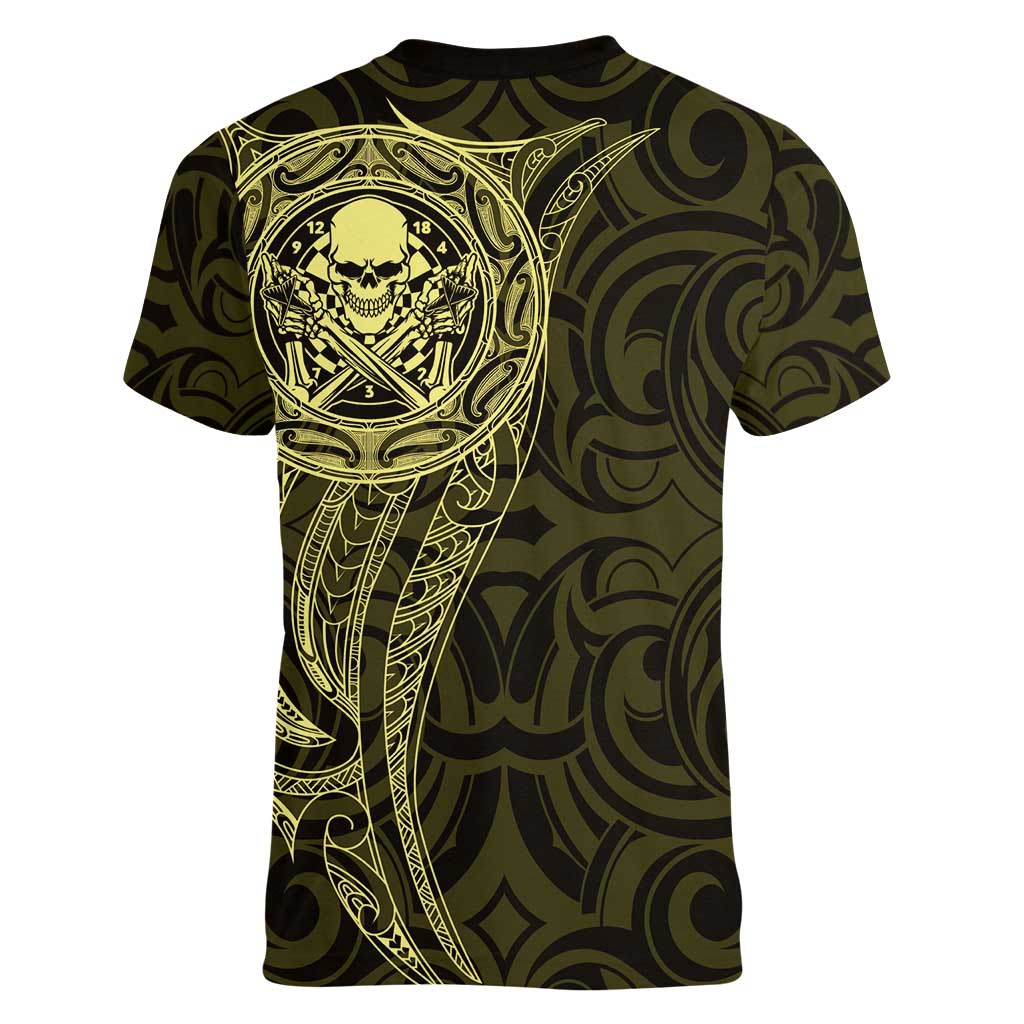 New Zealand Skull Darts Women V-Neck T-Shirt Aotearoa Maori Chest Tattoo Stylized Gold LT14 - Polynesian Pride