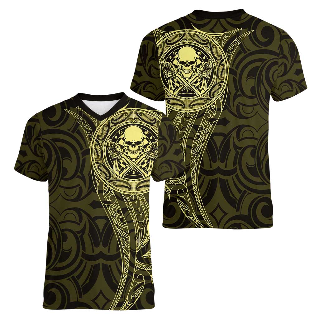 New Zealand Skull Darts Women V-Neck T-Shirt Aotearoa Maori Chest Tattoo Stylized Gold LT14 - Polynesian Pride