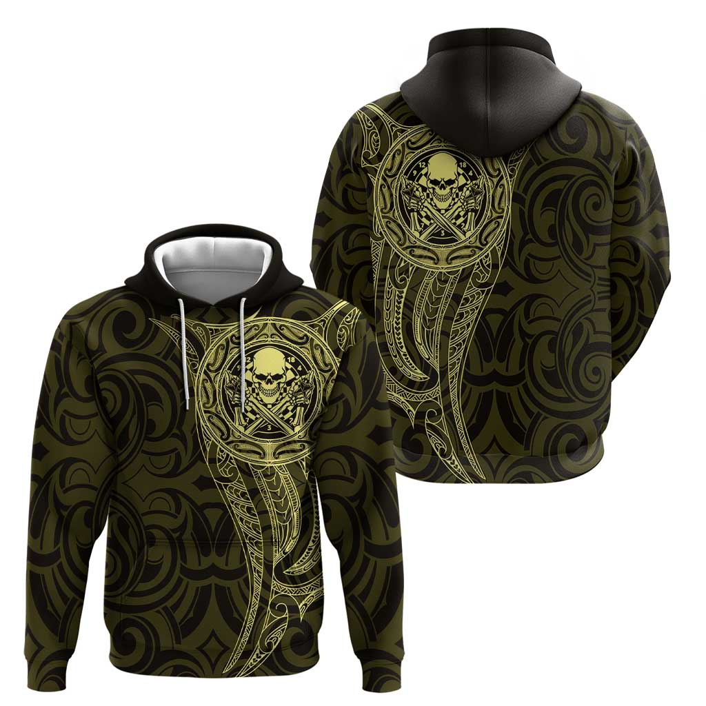 New Zealand Skull Darts Zip Hoodie Aotearoa Maori Chest Tattoo Stylized Gold - Polynesian Pride