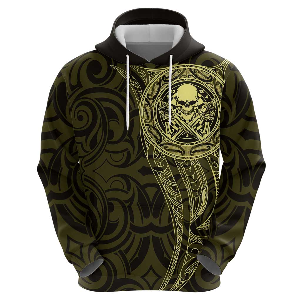 New Zealand Skull Darts Zip Hoodie Aotearoa Maori Chest Tattoo Stylized Gold - Polynesian Pride