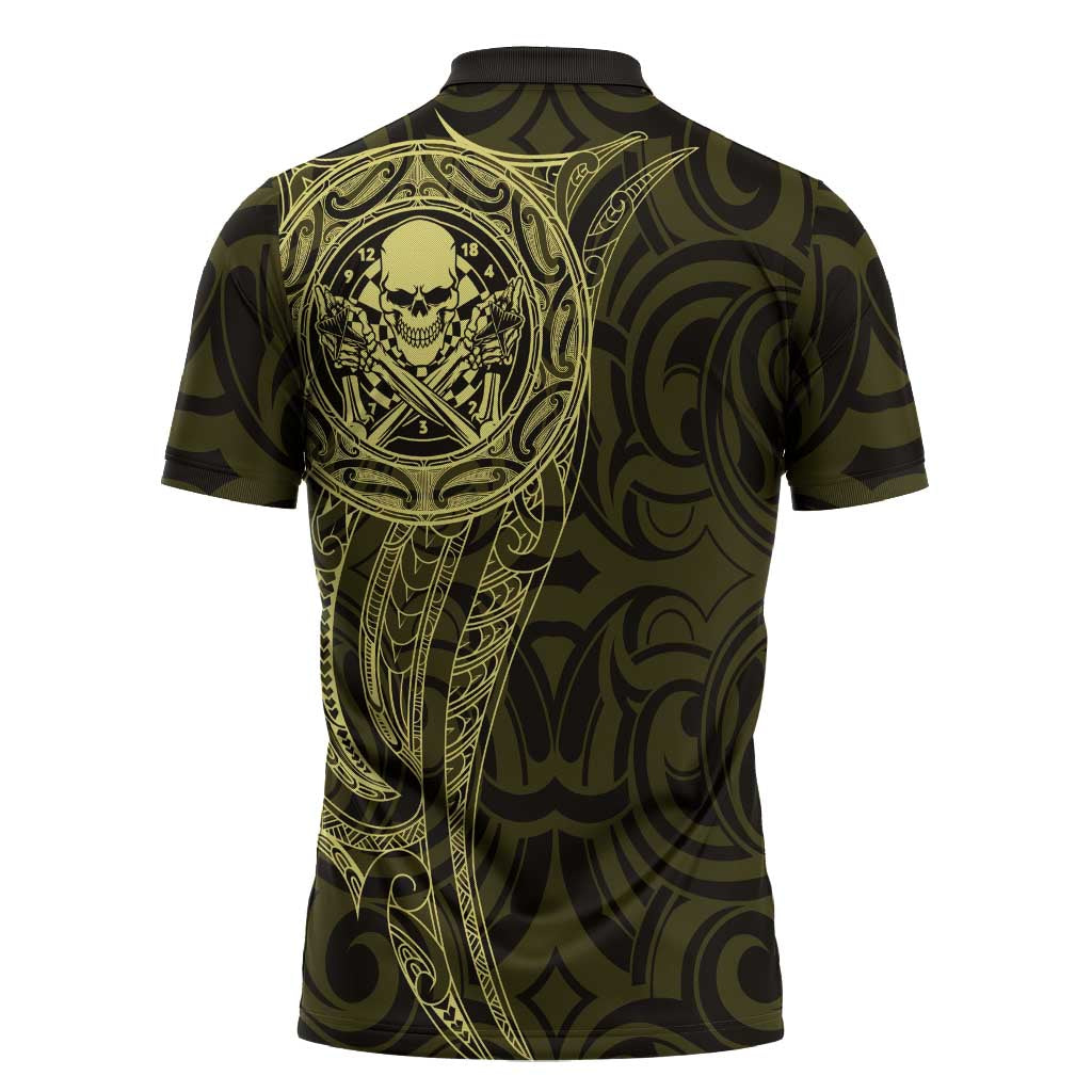 New Zealand Skull Darts Zipper Polo Shirt Aotearoa Maori Chest Tattoo Stylized Gold - Polynesian Pride