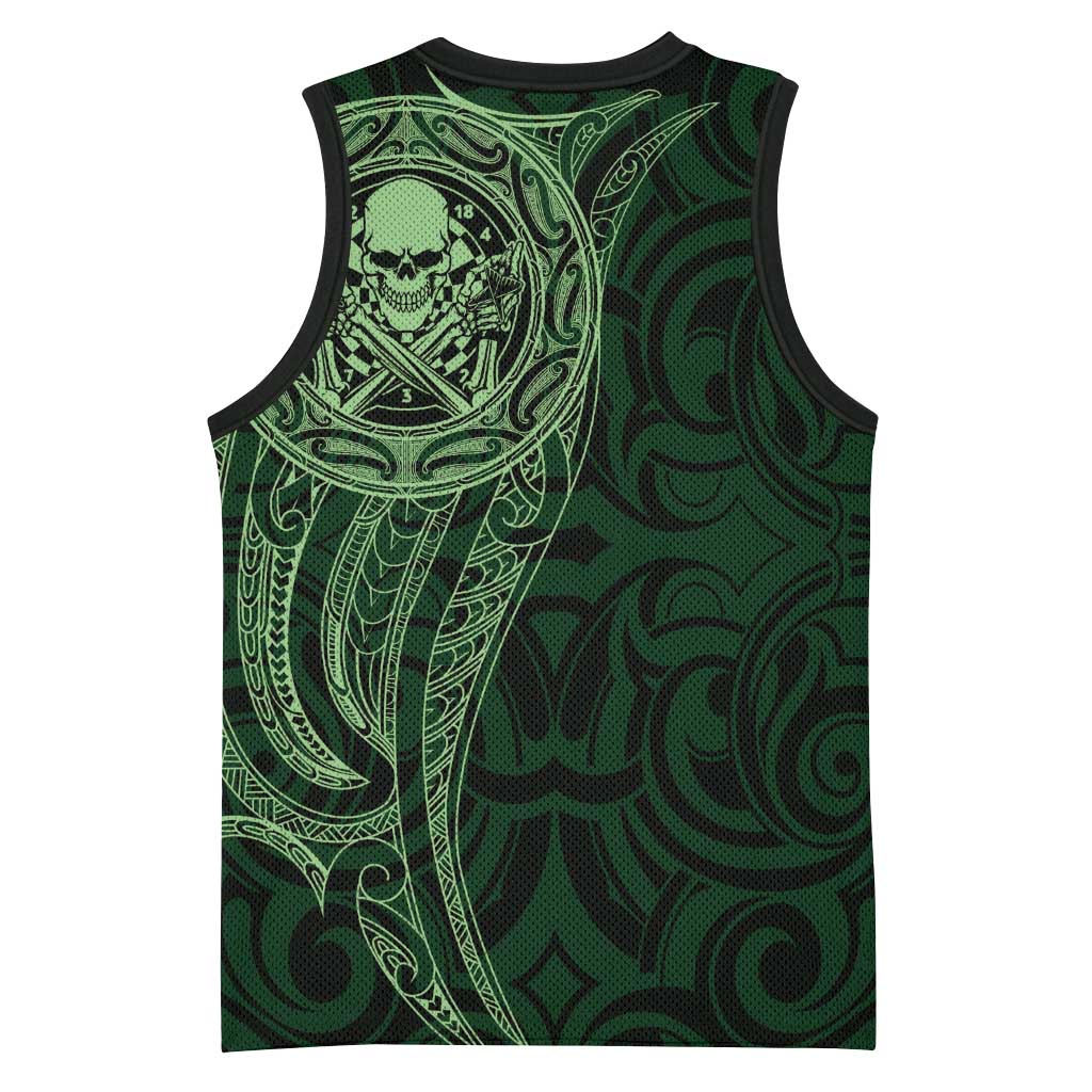 New Zealand Skull Darts Basketball Jersey Aotearoa Maori Chest Tattoo Stylized Green - Polynesian Pride