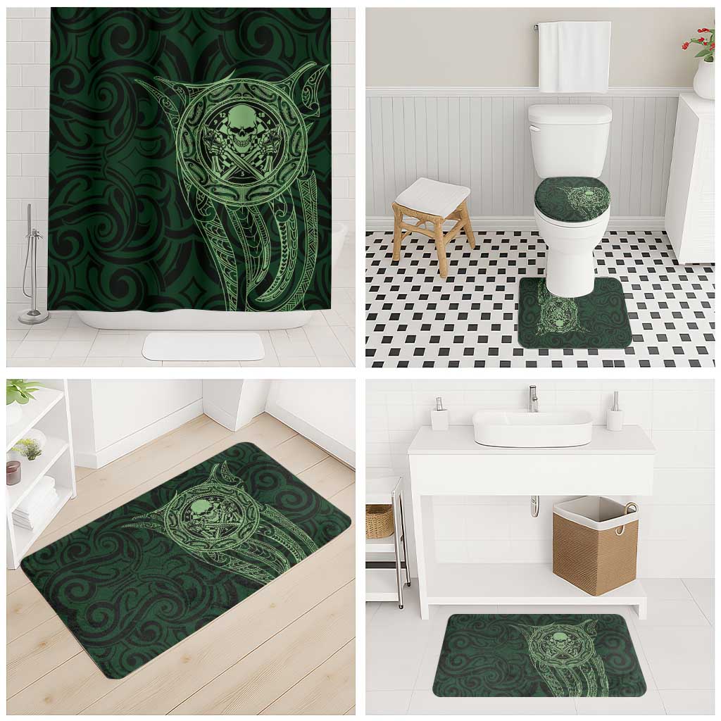 New Zealand Skull Darts Bathroom Set Aotearoa Maori Chest Tattoo Stylized Green - Polynesian Pride