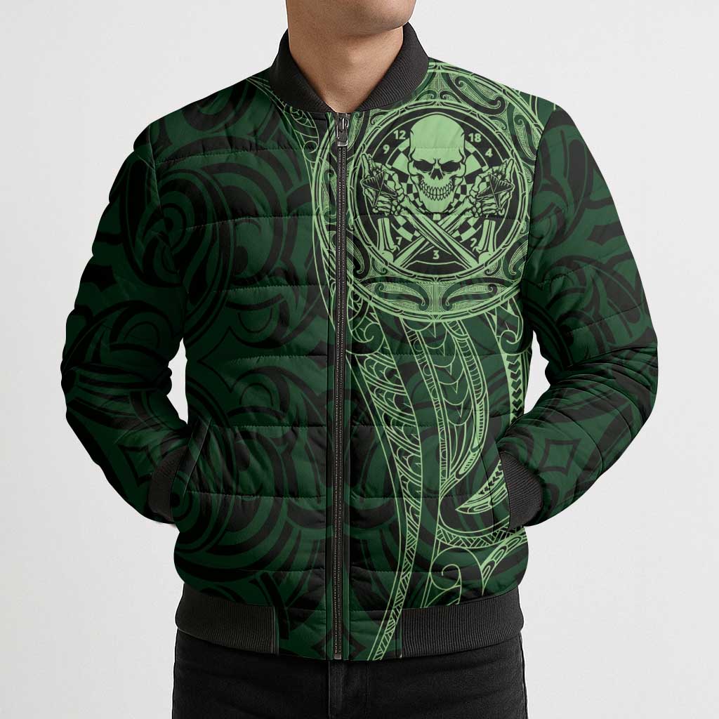 New Zealand Skull Darts Bomber Puffer Jacket Aotearoa Maori Chest Tattoo Stylized Green - Polynesian Pride