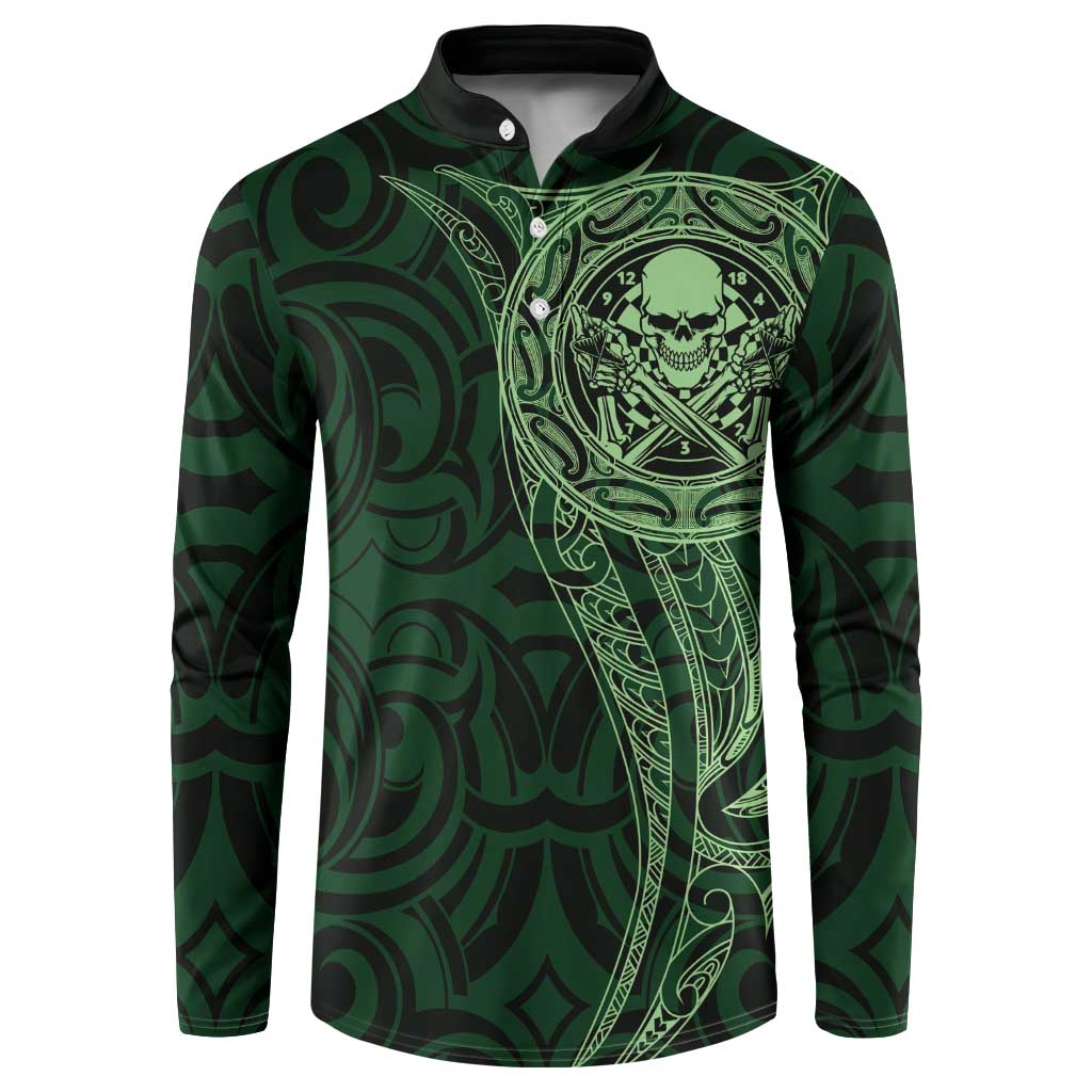 New Zealand Skull Darts Button Sweatshirt Aotearoa Maori Chest Tattoo Stylized Green - Polynesian Pride