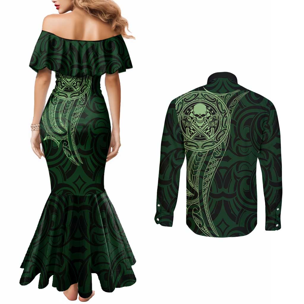 New Zealand Skull Darts Couples Matching Mermaid Dress and Long Sleeve Button Shirt Aotearoa Maori Chest Tattoo Stylized Green - Polynesian Pride