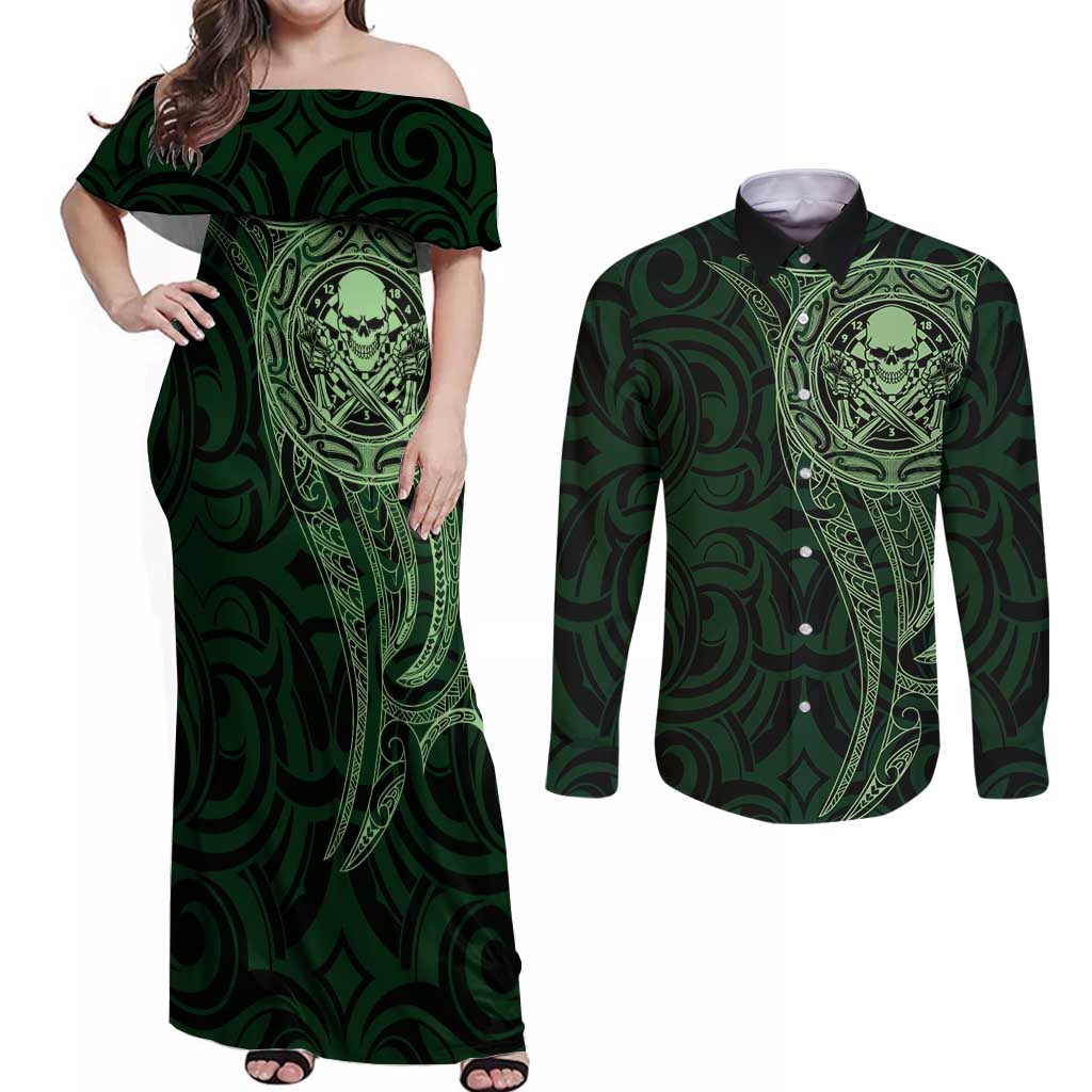 New Zealand Skull Darts Couples Matching Off Shoulder Maxi Dress and Long Sleeve Button Shirt Aotearoa Maori Chest Tattoo Stylized Green - Polynesian Pride