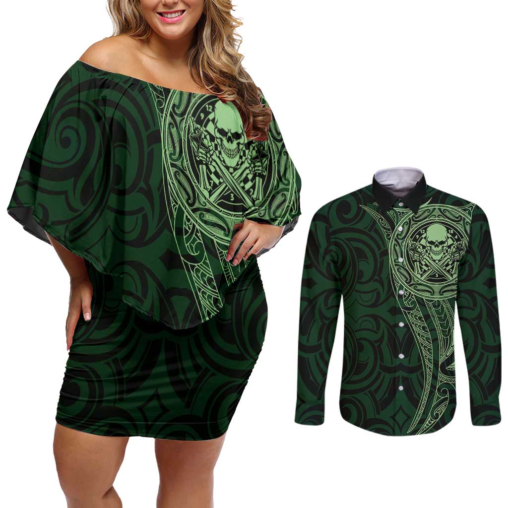 New Zealand Skull Darts Couples Matching Off Shoulder Short Dress and Long Sleeve Button Shirt Aotearoa Maori Chest Tattoo Stylized Green - Polynesian Pride