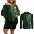 New Zealand Skull Darts Couples Matching Off Shoulder Short Dress and Long Sleeve Button Shirt Aotearoa Maori Chest Tattoo Stylized Green - Polynesian Pride
