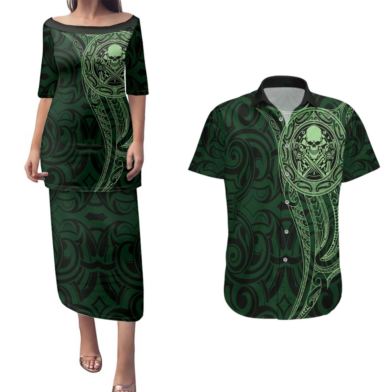 New Zealand Skull Darts Couples Matching Puletasi and Hawaiian Shirt Aotearoa Maori Chest Tattoo Stylized Green - Polynesian Pride