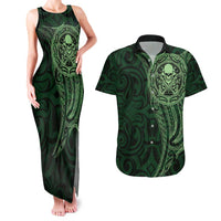 New Zealand Skull Darts Couples Matching Tank Maxi Dress and Hawaiian Shirt Aotearoa Maori Chest Tattoo Stylized Green - Polynesian Pride