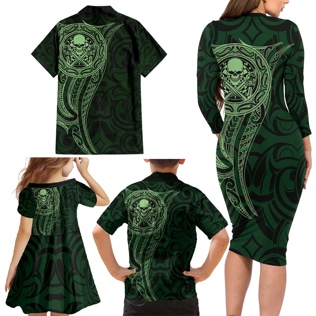 New Zealand Skull Darts Family Matching Long Sleeve Bodycon Dress and Hawaiian Shirt Aotearoa Maori Chest Tattoo Stylized Green LT14 - Polynesian Pride