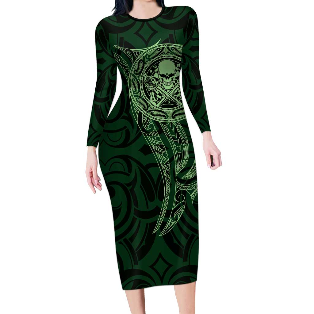 New Zealand Skull Darts Family Matching Long Sleeve Bodycon Dress and Hawaiian Shirt Aotearoa Maori Chest Tattoo Stylized Green LT14 Mom's Dress Green - Polynesian Pride