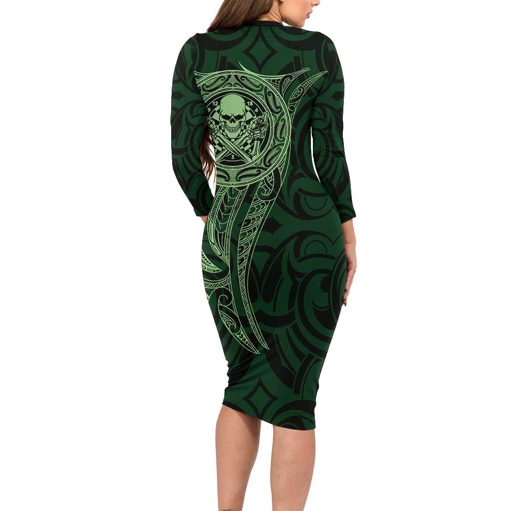 New Zealand Skull Darts Family Matching Long Sleeve Bodycon Dress and Hawaiian Shirt Aotearoa Maori Chest Tattoo Stylized Green LT14 - Polynesian Pride