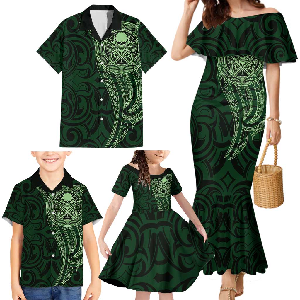 New Zealand Skull Darts Family Matching Mermaid Dress and Hawaiian Shirt Aotearoa Maori Chest Tattoo Stylized Green LT14 - Polynesian Pride