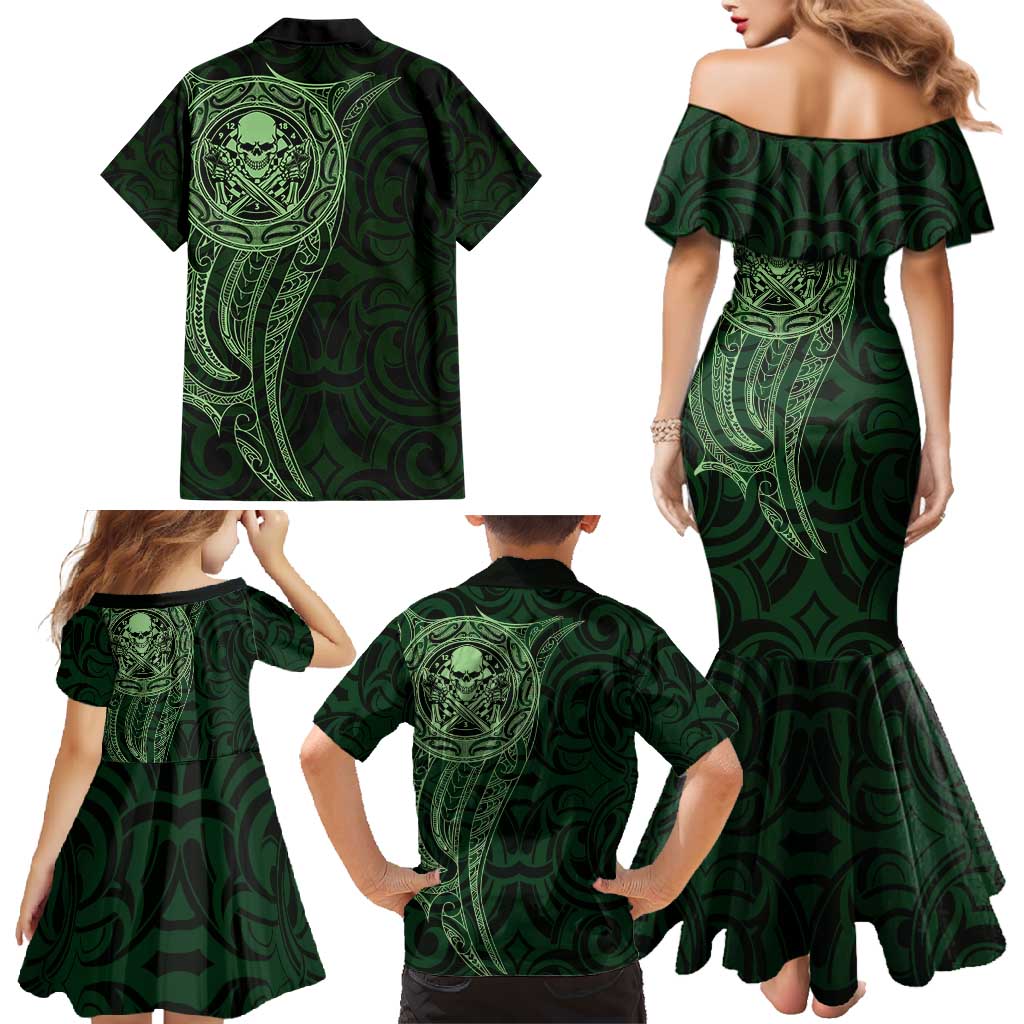 New Zealand Skull Darts Family Matching Mermaid Dress and Hawaiian Shirt Aotearoa Maori Chest Tattoo Stylized Green LT14 - Polynesian Pride