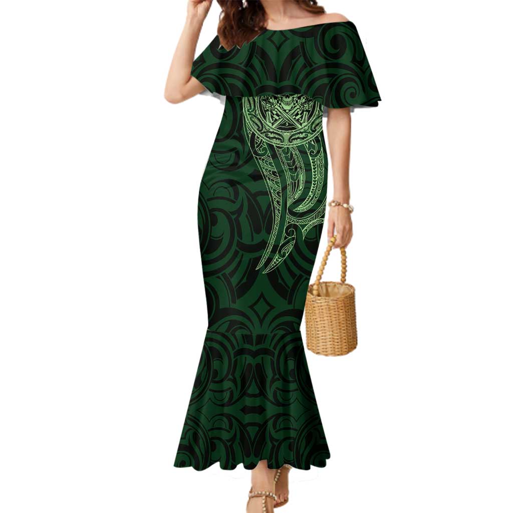 New Zealand Skull Darts Family Matching Mermaid Dress and Hawaiian Shirt Aotearoa Maori Chest Tattoo Stylized Green LT14 Mom's Dress Green - Polynesian Pride