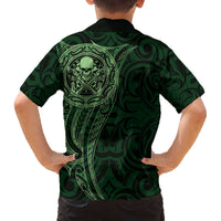 New Zealand Skull Darts Family Matching Off The Shoulder Long Sleeve Dress and Hawaiian Shirt Aotearoa Maori Chest Tattoo Stylized Green LT14 - Polynesian Pride
