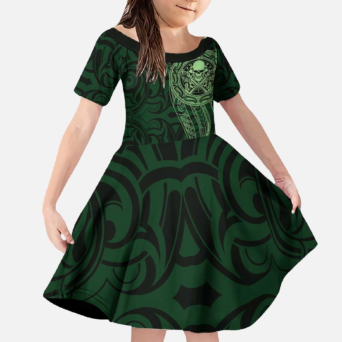 New Zealand Skull Darts Family Matching Off The Shoulder Long Sleeve Dress and Hawaiian Shirt Aotearoa Maori Chest Tattoo Stylized Green LT14 Daughter's Dress Green - Polynesian Pride