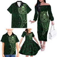 New Zealand Skull Darts Family Matching Off The Shoulder Long Sleeve Dress and Hawaiian Shirt Aotearoa Maori Chest Tattoo Stylized Green LT14 - Polynesian Pride