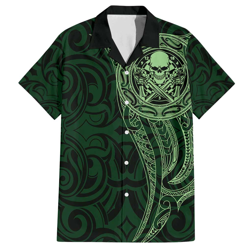 New Zealand Skull Darts Family Matching Off Shoulder Maxi Dress and Hawaiian Shirt Aotearoa Maori Chest Tattoo Stylized Green LT14 Dad's Shirt - Short Sleeve Green - Polynesian Pride