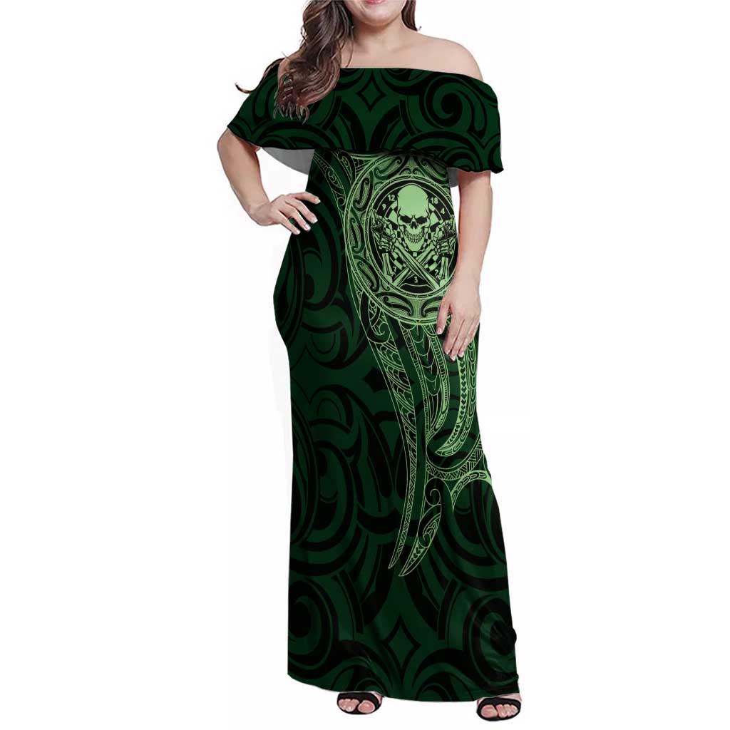 New Zealand Skull Darts Family Matching Off Shoulder Maxi Dress and Hawaiian Shirt Aotearoa Maori Chest Tattoo Stylized Green LT14 Mom's Dress Green - Polynesian Pride