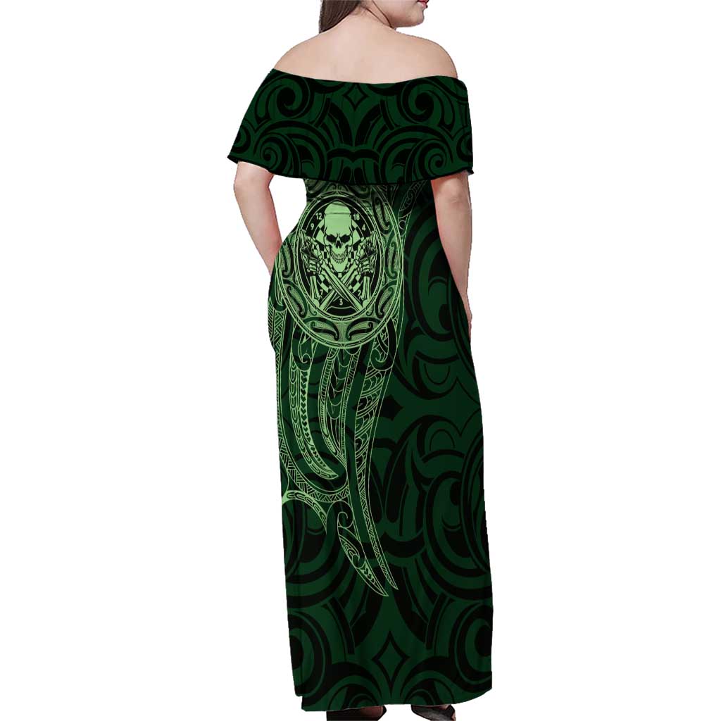 New Zealand Skull Darts Family Matching Off Shoulder Maxi Dress and Hawaiian Shirt Aotearoa Maori Chest Tattoo Stylized Green LT14 - Polynesian Pride