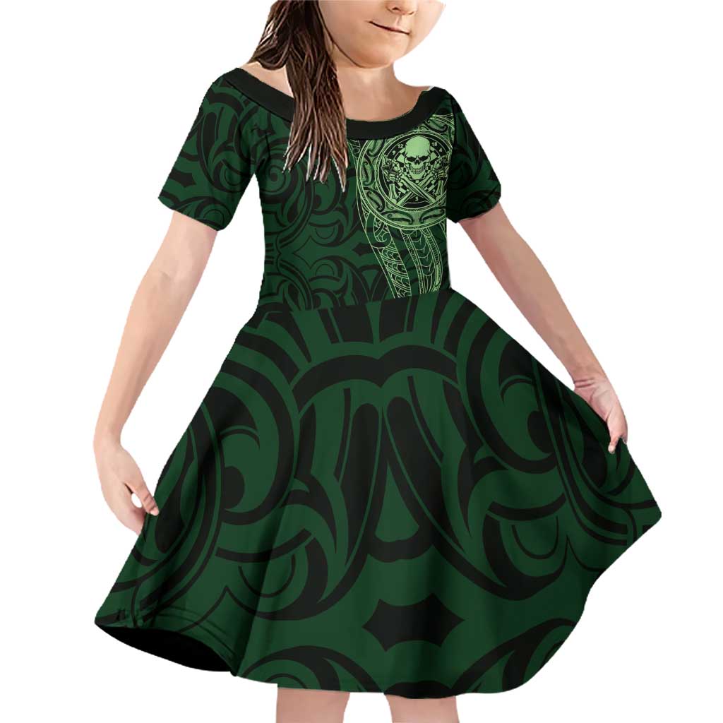 New Zealand Skull Darts Family Matching Off Shoulder Short Dress and Hawaiian Shirt Aotearoa Maori Chest Tattoo Stylized Green LT14 Daughter's Dress Green - Polynesian Pride